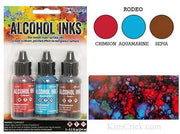 Rodeo Alcohol Inks Sepia Aquamarine Crimson Tim Holtz Ranger 3 pack bottles color chart domino example
