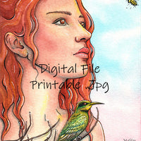 Digital File - Rainbow Bee Eater Bird Lady Watercolor Painting High Res Scan Printable Download