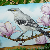 Northern Mockingbird audubon bird art flower magnolia tree painting florida state bird kimberly crick