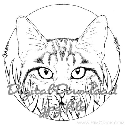  Digital File - Cat in Grass Kitty Art Ink Line Drawing Digi Stamp Printable Coloring Book Page Download 