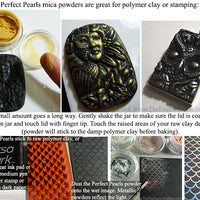 Polymer Clay jewelry and rubber stamping with mica powder finish gold effect