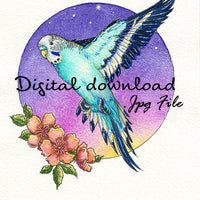 Digital File - Parakeet Teal Budgie Bird Color Painting Printable Clip Art Download