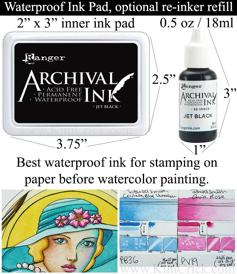 Waterproof Jet Black Archival Ink for Stamp Watercolor Swatch