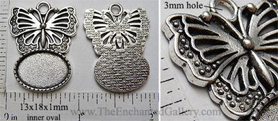 13x18mm Oval Pendant Tray Butterfly Topper Antiqued Silver (Select Optional Insert)