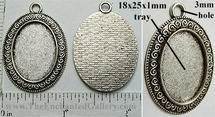 18x25mm Oval Pendant Tray Greek Repeating Spiral Border Textured Back Antiqued Silver (Select Amount or Optional Insert)