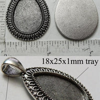 18mm x 25mm Teardrop Pendant Tray Almond Dotted Bail Style Antique Silver