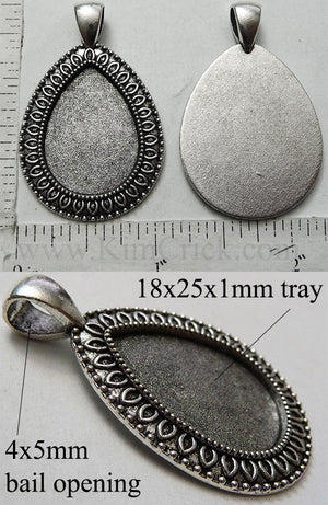 18mm x 25mm Teardrop Pendant Tray Almond Dotted Bail Style Antique Silver
