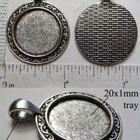 20mm Circle Pendant Tray Solid Ring Deco Plate Edge Brick Back Antiqued Silver (Optional Insert)