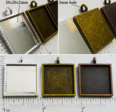 20x20x2mm Square Smooth Back Pendant Tray (Select a Color)