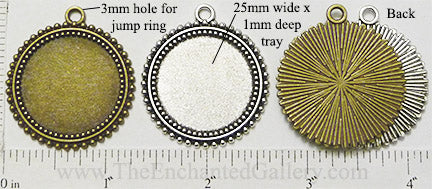 25mm x 25mm x 1mm Circle Pendant Tray Triple Ring Dotted Border (Select Color or Optional Insert)