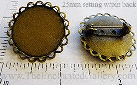 25mm x 25mm x 1mm Circle Pin Back Tray Two Layer Scallop Lace Edge Brooch Bronze (Select Optional Insert)