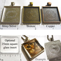 25x25x2mm Square Pendant Tray Textured Shiny Silver Bronze Copper Glass Insert