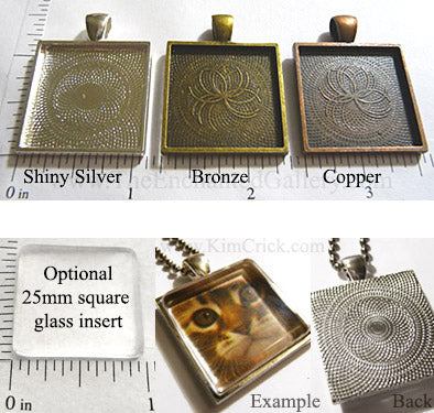25x25x2mm Square Pendant Tray Textured Shiny Silver Bronze Copper Glass Insert