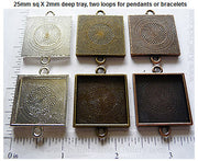 25mm x 25mm x 2mm Square Two-Loop Textured Blank Pendant Tray  (Select Color or Optional Insert)