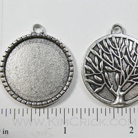 25mm x 25mm x 1mm Circle Pendant Tray Dotted Frame Reversible with Tree Art Back Silvertone (Select Optional Insert)