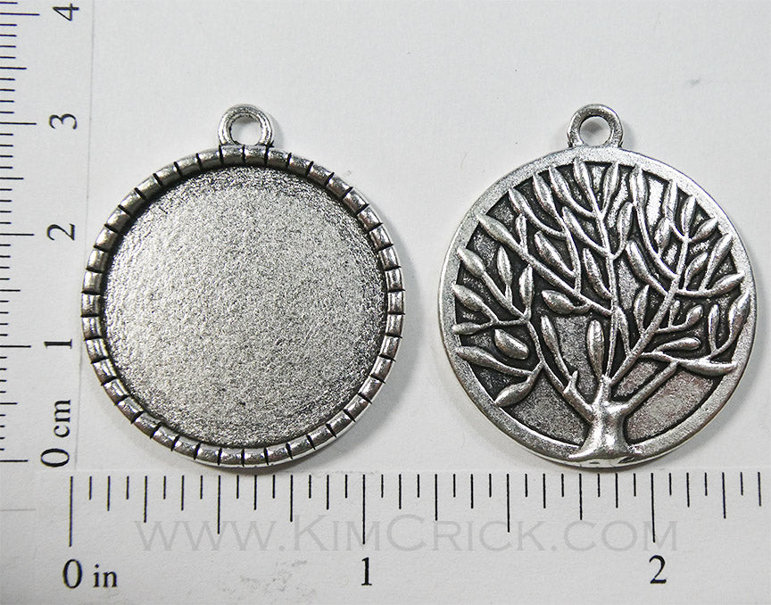 25mm x 25mm x 1mm Circle Pendant Tray Dotted Frame Reversible with Tree Art Back Silvertone (Select Optional Insert)