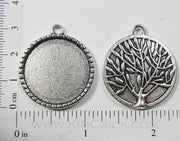 25mm x 25mm x 1mm Circle Pendant Tray Dotted Frame Reversible with Tree Art Back Silvertone (Select Optional Insert)