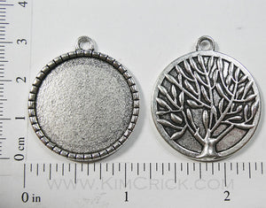 25mm x 25mm x 1mm Circle Pendant Tray Dotted Frame Reversible with Tree Art Back Silvertone (Select Optional Insert)