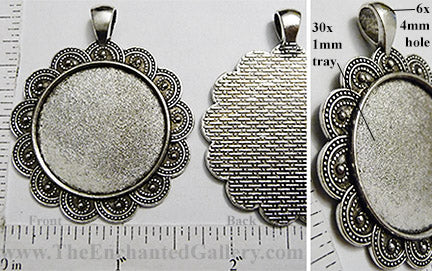 30mm Circle Pendant Tray Overlapping Scallop Doily Border Textured Back Antiqued Silver (Select Amount or Optional Insert)