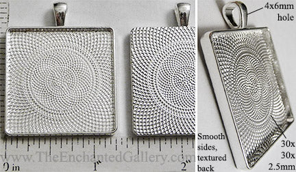 30mm Square Textured Pendant Tray Shiny Silver