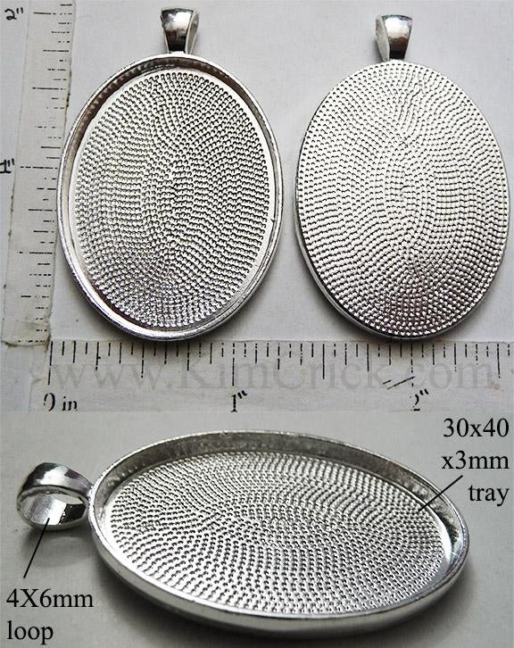 30mm x 40mm x 3mm Oval Pendant Tray Textured with Bail Silver (Select Optional Insert)