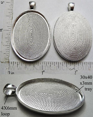 30mm x 40mm x 3mm Oval Pendant Tray Textured with Bail Silver (Select Optional Insert)