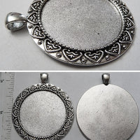 35mm x 1mm Circle Regal Heart Leaf Border Pattern Pendant Tray with 5x6mm Bail Smooth Back Antiqued Silver