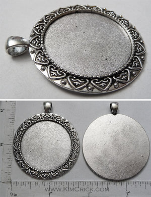 35mm x 1mm Circle Regal Heart Leaf Border Pattern Pendant Tray with 5x6mm Bail Smooth Back Antiqued Silver