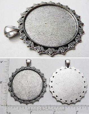 35mm x 1mm Circle Floret Border Pendant Tray With 4x6mm Bail Hanger Antiqued Silver Finish