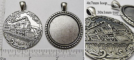 30mm Circle Pendant Tray Art Nouveau Train Journey Back Antiqued Silver (Select Amount or Optional Insert)