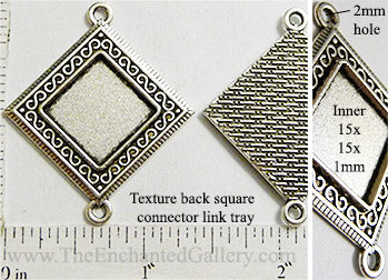 15x15x1mm Diamond Square Textured with Two Connector Loops Antiqued Silvertone