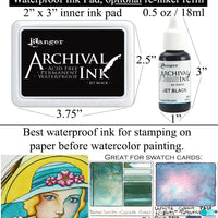 Waterproof Jet Black Archival Ink for Stamp Watercolor Swatch Cards (Select Option Ink Pad, Refill Re-inker OR Bundle)