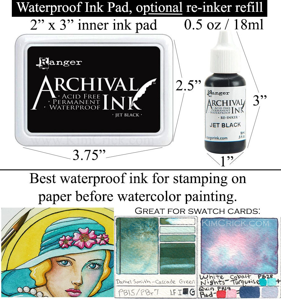 Waterproof Jet Black Archival Ink for Stamp Watercolor Swatch