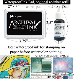 Waterproof Jet Black Archival Ink for Stamp Watercolor Swatch Cards (Select Option Ink Pad, Refill Re-inker OR Bundle)