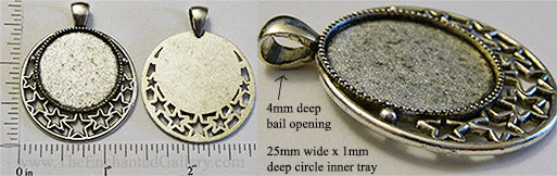 25mm Circle Pendant Tray Openwork Stars Border Antiqued Silvertone (Select Optional Insert)