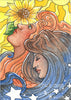 Original Watercolor Painting Art Nouveau Style Day and Night (ATC ACEO size, not a print)