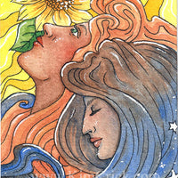 Original Watercolor Painting Art Nouveau Style Day and Night (ATC ACEO size, not a print)