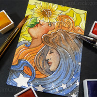 Original Watercolor Painting Art Nouveau Style Day and Night (ATC ACEO size, not a print)