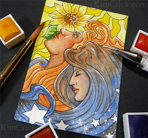 Original Watercolor Painting Art Nouveau Style Day and Night (ATC ACEO size, not a print)