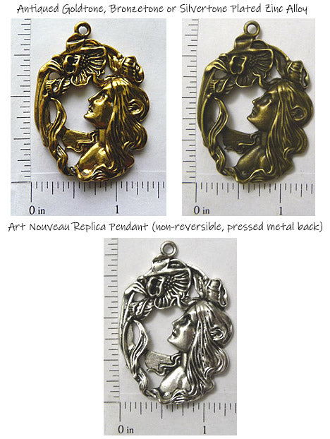 Art Nouveau Lady with Flower Antique Replica Pendant Jewelry Finding