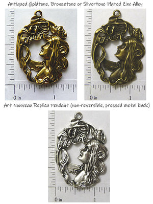 Art Nouveau Lady with Flower Antique Replica Pendant Jewelry Finding