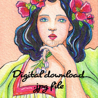  Digital File - Art Nouveau Woman Schmincke Aqua Drop Watercolor Artwork Color Painting Scan Printable Download 