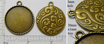 30mm Circle Pendant Tray Wind Water Orient Back Bronze (Select Amount or Optional Insert)