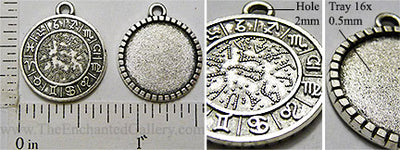 16mm Circle Astrology Star Sign Pendant Tray Antiqued Silvertone 10 Pack