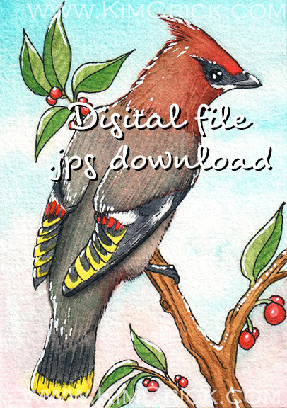 Digital File - Bohemian Waxwing Bird Watercolor Artwork Color Painting Clip Art Printable Download