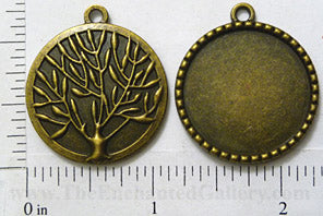 25mm Circle Pendant Tray Dotted Frame Reversible with Tree Art Back Bronze (Select Optional Insert)