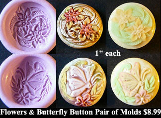 Flexible Push Mold Set Flowers and Butterfly Carving Buttons Pair