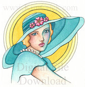 Digital File - Elegant Woman In Hat Vintage Lady Watercolor Artwork Color Painting Clip Art Download