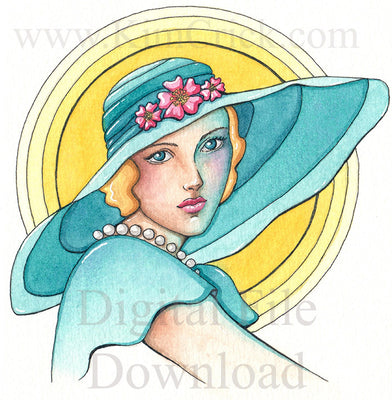 Digital File - Elegant Woman In Hat Vintage Lady Watercolor Artwork Color Painting Clip Art Download