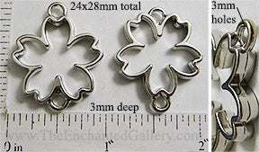 Open Back Cherry Blossom Pendant DuoLoops Connector 24mm x 28mm x 3mm Silvertone